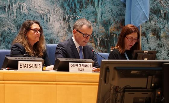 联合国人权理事会主席于尔格·劳贝尔（居中）主持对美国的定期普遍定期审议会议。